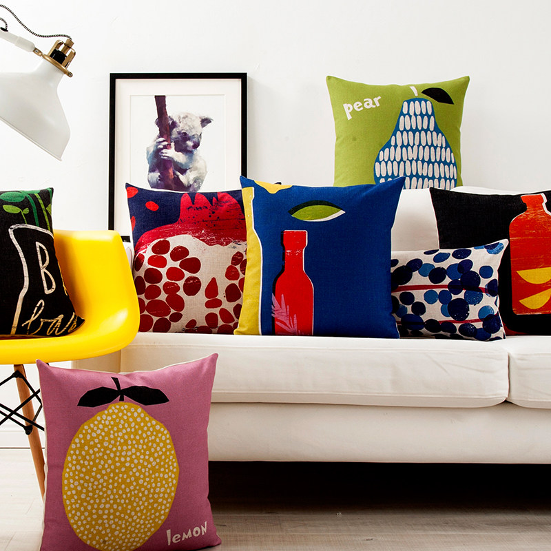 波普水果夏季清爽棉麻抱枕植物腰枕沙发靠垫靠枕绿植水彩家居北欧