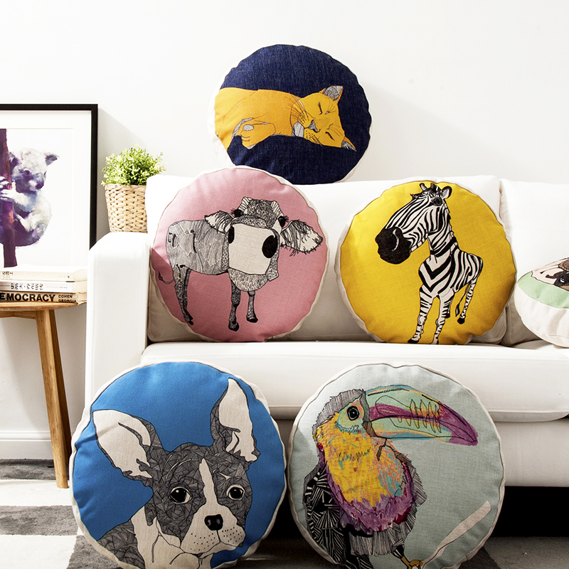彩色动物斑马红黄蓝棉麻汽车圆枕
