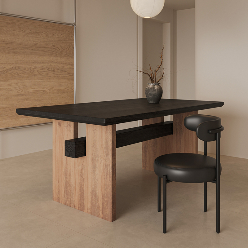 侘寂中古风实木餐桌家用大板长方形复古黑色客厅书桌茶桌一体两用