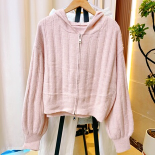 2025秋冬季新款百搭显瘦休闲绞花连帽针织拉链开衫短款毛衣女粉色