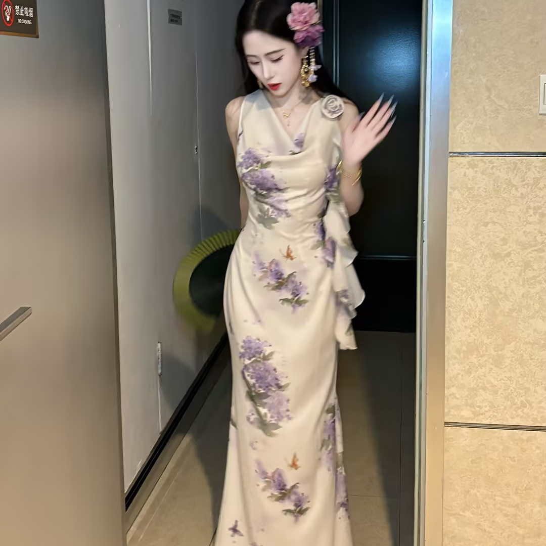LHMknk1画报夫人温柔显白显瘦夏季荡领连衣裙手工花 紫梦碎花