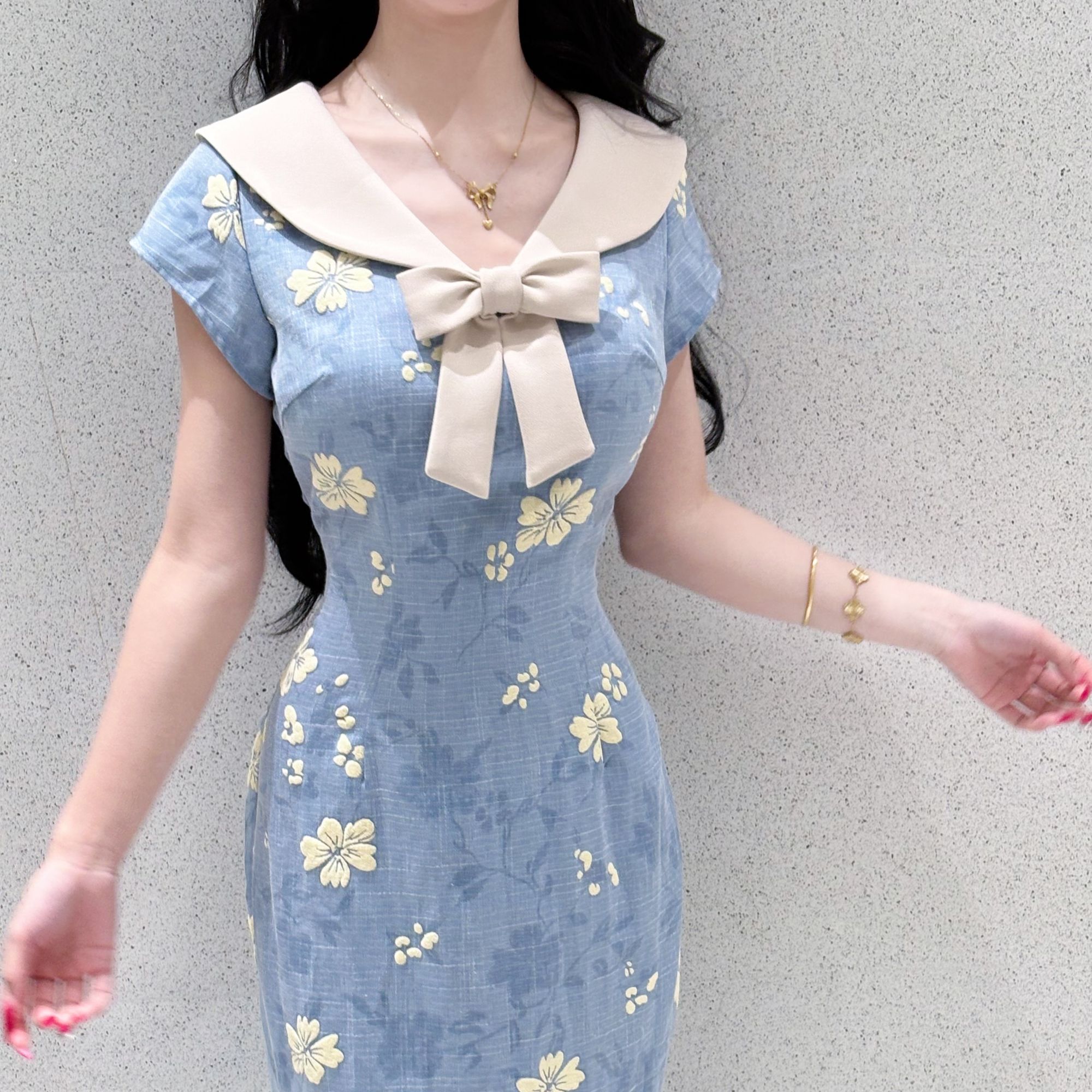 画报夫人原创自制学院风新中式国风蓝色旗袍 长款棉花糖