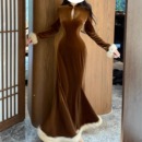 画报夫人原创丝绒兔毛步步生莲新式 棕色丝绒鱼尾裙 旗袍