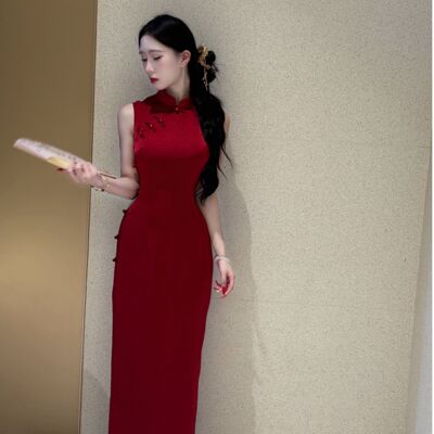 画报夫人原创自制改良夏季中式中国风红色旗袍 景甜玄红