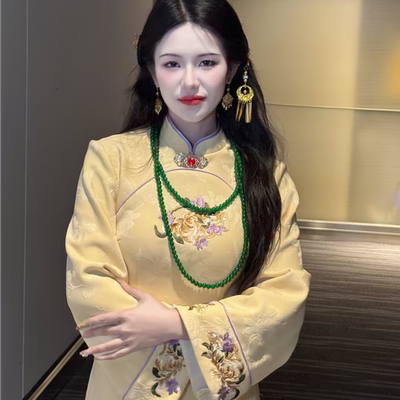 画报夫人原创新中式明制改良高级刺绣旗袍 黄紫花辞倒大袖