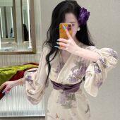 画报夫人原创自制氛围感神明少女碎花连衣裙显瘦 墨染紫梦