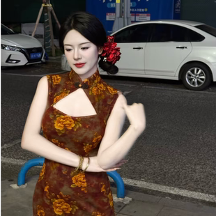 LHMknk1画报夫人原创秋冬弹力针织性感纯欲美艳旗袍 秋黄金花