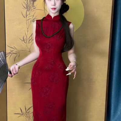 画报夫人原创自制改良高级烫金国风新中式旗袍 国泰民安红