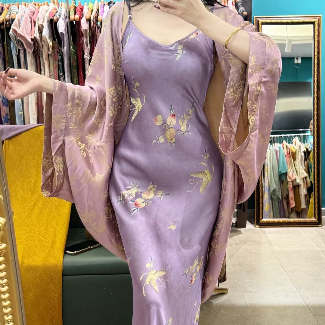 LHMknk1画报夫人纯人丝斜裁显瘦鱼尾u型吊带裙 熹紫寿桃连衣裙