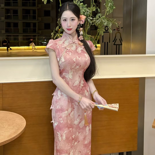 蝶恋粉短袖 画报夫人原创自制新中式 国风高级提花缎面盘扣旗袍