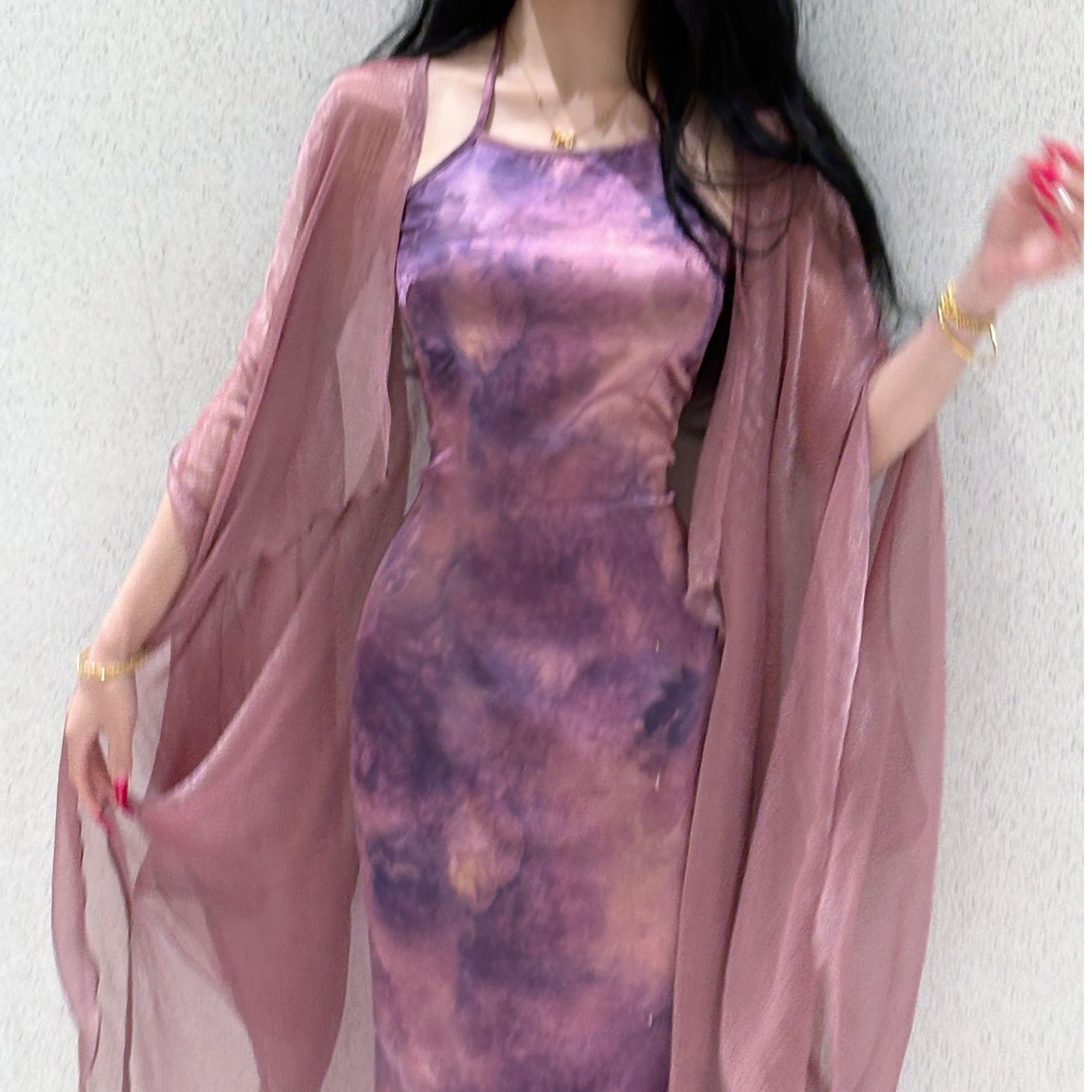 画报夫人原创新中式提花缎面晕染吊带连衣裙寻梦紫平替