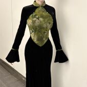 画报夫人原创自制新中式 国风拼接丝绒步步生莲连衣裙 一点绿