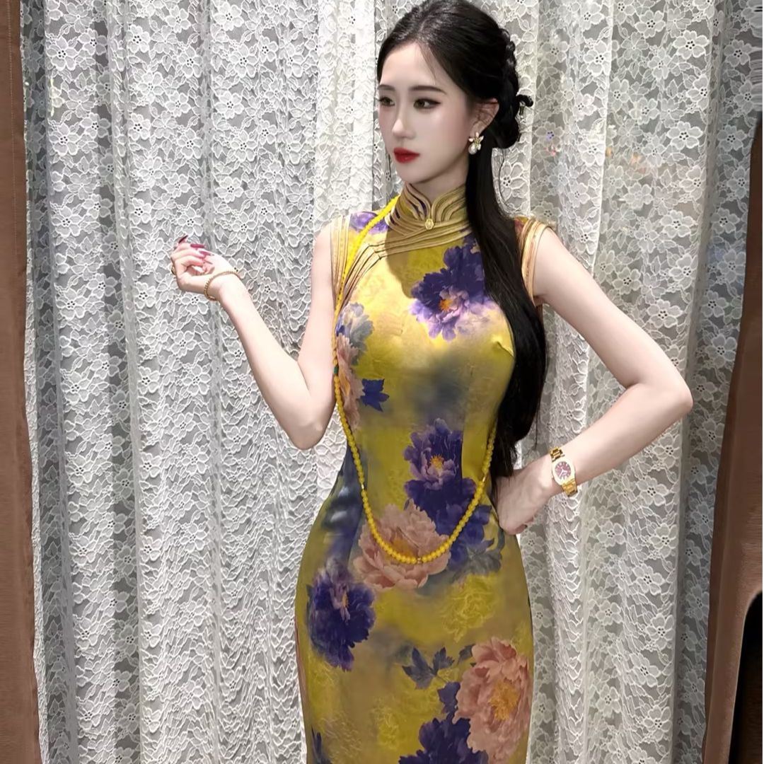 LHMknk1画报夫人原创提花缎面手工三绲边优雅旗袍 三绲边气质如花图片
