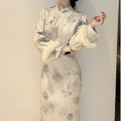 画报夫人原创提花针织旗袍倒大袖连衣裙 水墨荷花