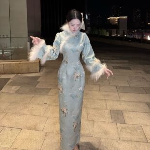 LHMknk1画报夫人原创自制新中式秋冬厚款温柔新式旗袍 江南水蓝绿