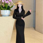 LHMknk1画报夫人原创自制秋冬针织提花黑色显瘦连衣裙 黑梦仙