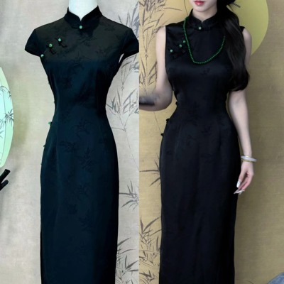 画报夫人原创自制改良夏季显瘦中式中国风黑色旗袍 绿珠墨