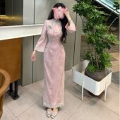 画报夫人原创自制秋冬温柔麂皮高级珠链蕾丝旗袍 粉太太