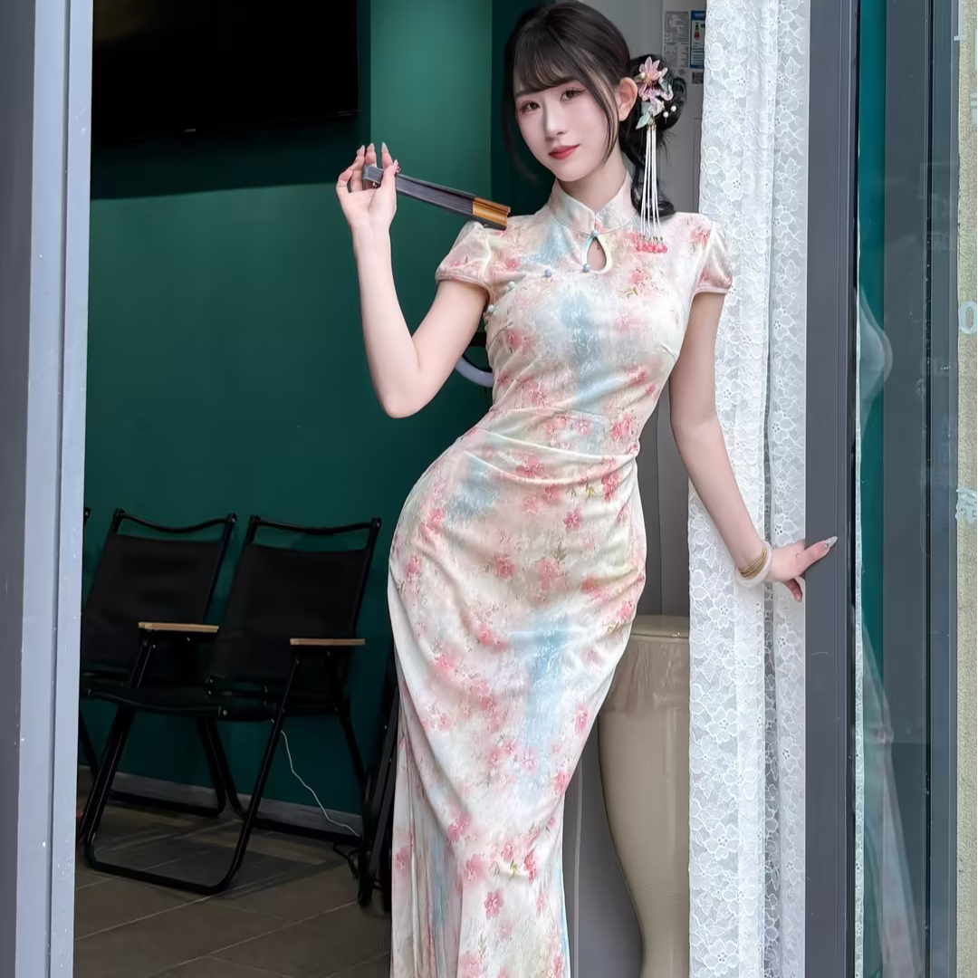 LHMknk1画报夫人原创温柔弹力网纱褶皱贝壳袖旗袍 山风细雨短袖