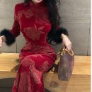 画报夫人原创自制高级秋冬烫金旗袍连衣裙 更爱朱砂