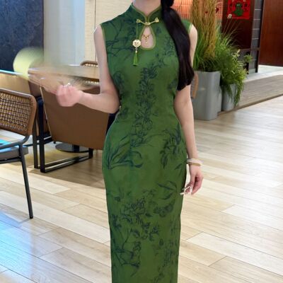 画报夫人原创自制改良无袖水滴绿色新中式旗袍 洛春赋