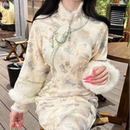 画报夫人原创自制针织提花清宫新中式 蓝茶格格 秋冬旗袍