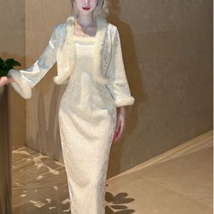 画报夫人原创自制兔毛吊带两件套加绒丝绒连衣裙 白汝兔