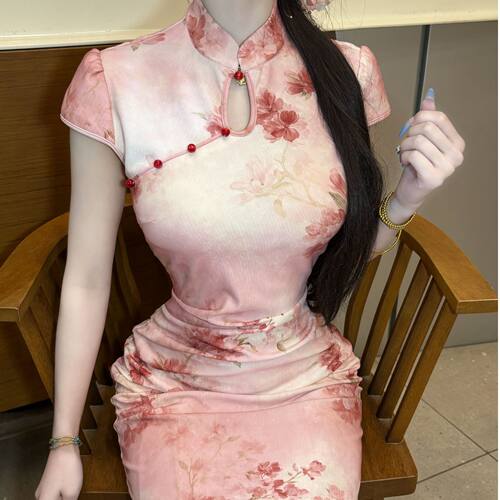 画报夫人原创复古温柔弹力网纱花朵复古弹力旗袍 娇梅短袖