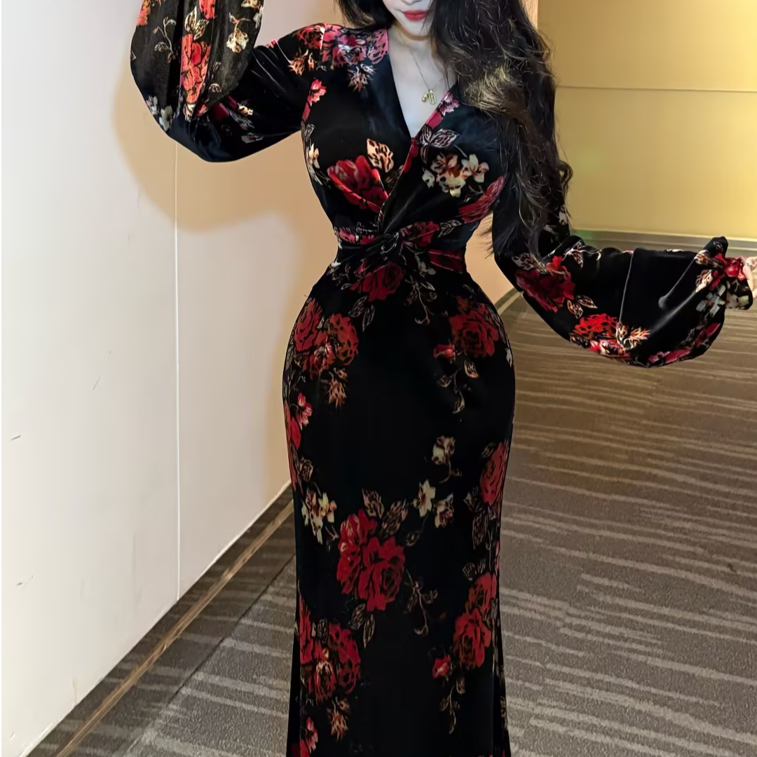 LHMknk1画报夫人原创自制v领扭折鱼尾新中式丝绒连衣裙瑶花扭折裙