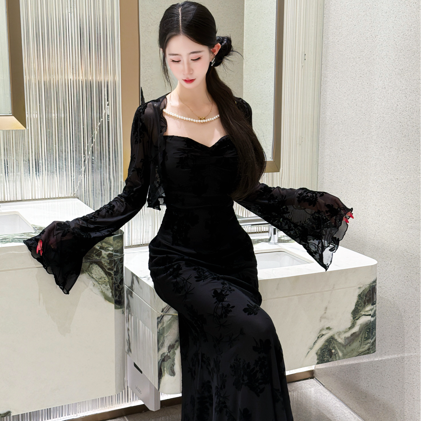 画报夫人原创自制新中式植绒烧花纯欲连衣裙 黑色人鱼