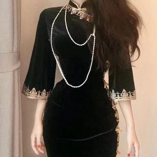 LHMknk1画报夫人原创自制高级金边丝绒倒大袖旗袍连衣裙 金太太