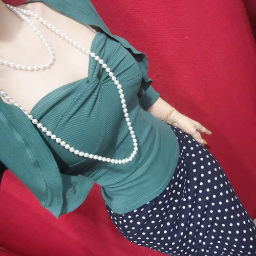 LHMknk1画报夫人原创自制纯欲温柔针织波点三件套 湖蓝针织波点裙