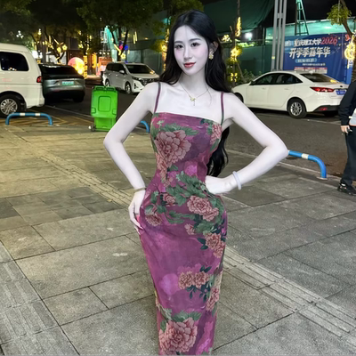 LHMknk1画报夫人原创自制复古国风弹力网纱吊带 艳芙蓉吊带