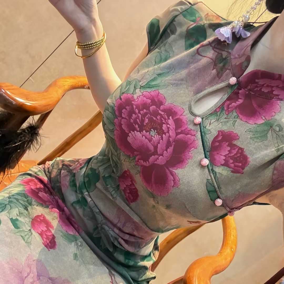 LHMknk1画报夫人原创复古温柔弹力网纱大花朵旗袍 城中花王短袖