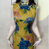 画报夫人原创手工旗袍无袖 富贵蓝花 港工旗袍