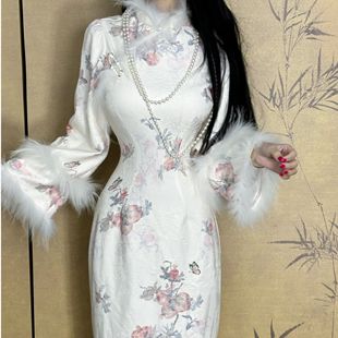 白入梦 厚款 画报夫人原创自制新中式 国风温柔秋冬提花旗袍连衣裙