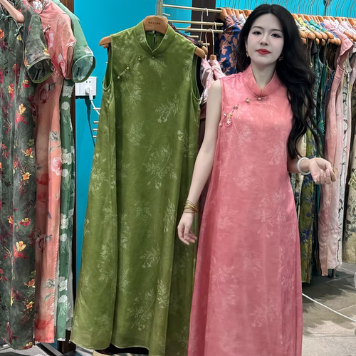 LHMknk1画报夫人原创自制禅意国风欧根纱宽松慵懒版连衣裙 粉胚香