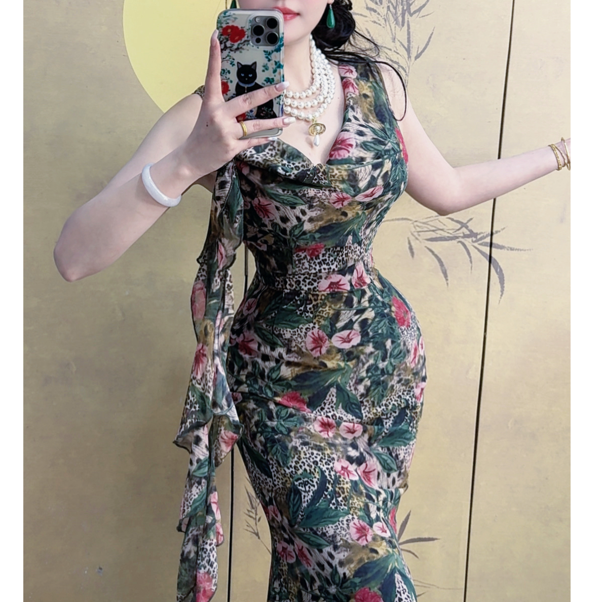 画报夫人温柔显白显瘦夏季豹纹荡领连衣裙手工花 豹辣夫人