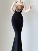 画报夫人原创自制睡美人拼接挂脖西装 拼接显瘦超长连衣裙长裙