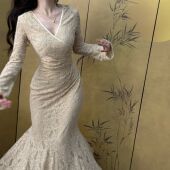 LHMknk1画报夫人原创自制蕾丝鱼尾步步生莲V领连衣裙 女人花杏