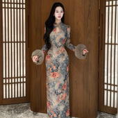 画报夫人原创秋冬厚款 烫金针织提花水滴领旗袍 为君笑长袖