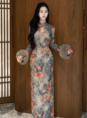 画报夫人原创秋冬厚款烫金针织提花水滴领旗袍 为君笑长袖