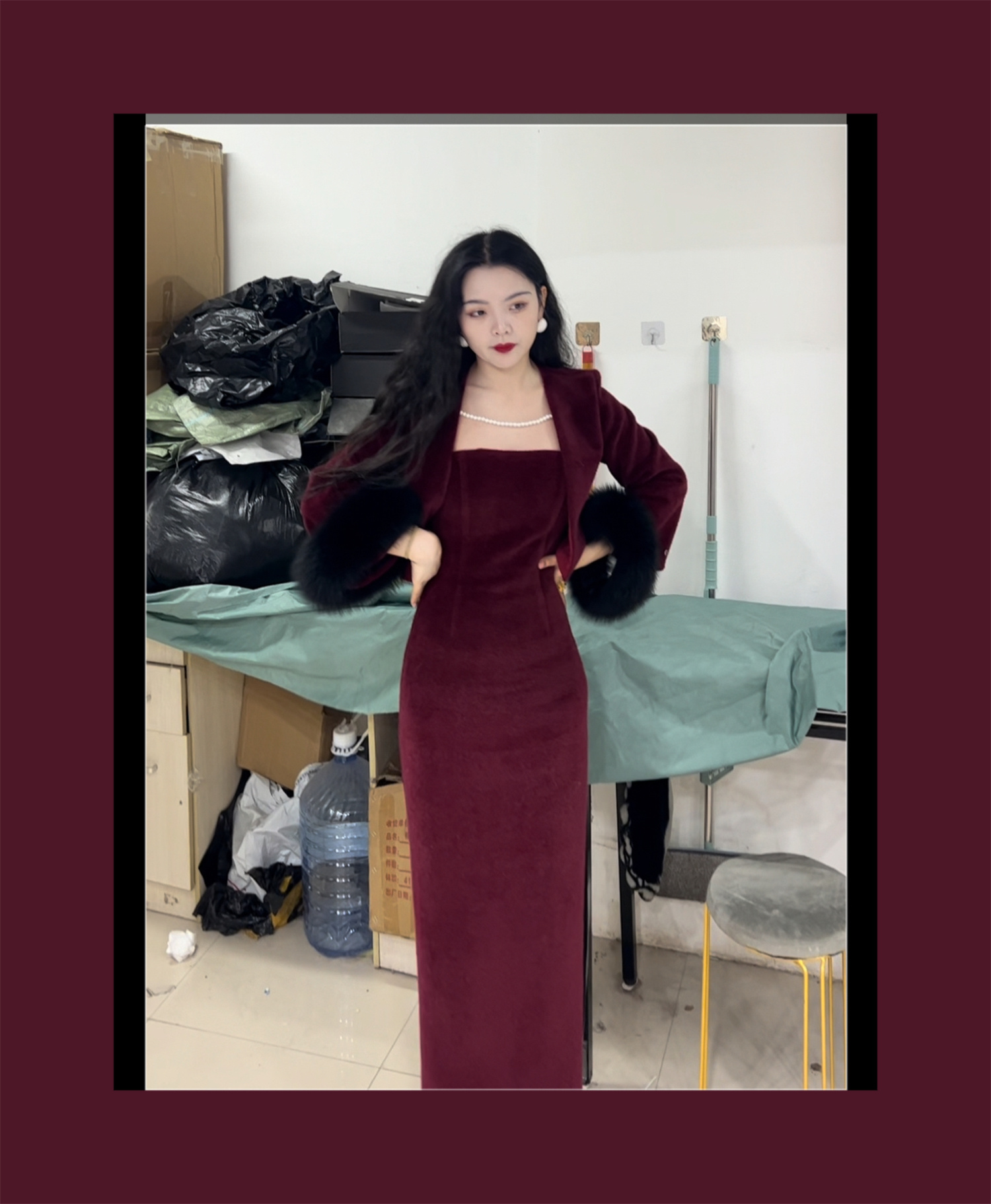 画报夫人原创自制秋冬厚款温柔纯欲绒面小香风毛毛套装复古红色