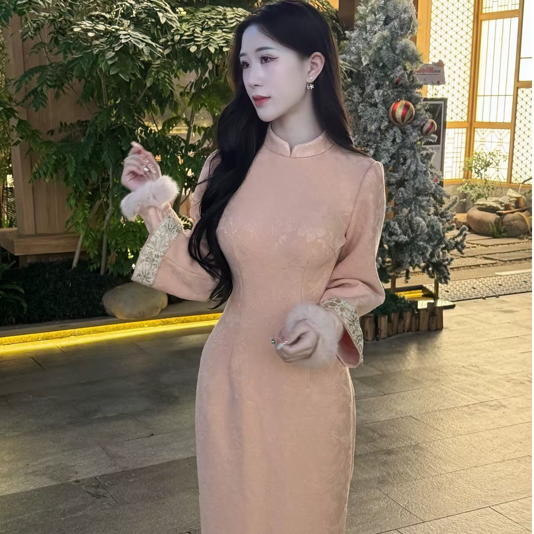 画报夫人原创自制旗袍厚款高级针织粉色旗袍 初见云粉加绒