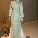 画报夫人原创自制秋冬麂皮珠链蕾丝新式 豆绿太太 旗袍