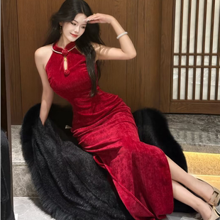 LHMknk1画报夫人原创新中式新版秋冬厚款旗袍 厚款雪尼尔鸽血红