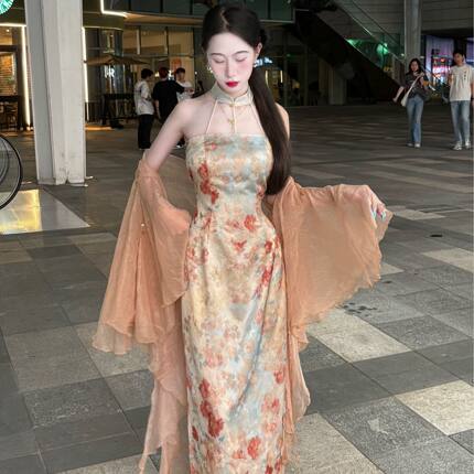 画报夫人原创自制收腰显瘦国风辣妹连衣裙夏季 吊带折花梦