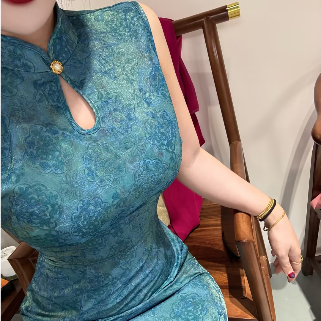 LHMknk1画报夫人原创自制浮光锦缎面无袖新中式旗袍 锦泰蓝