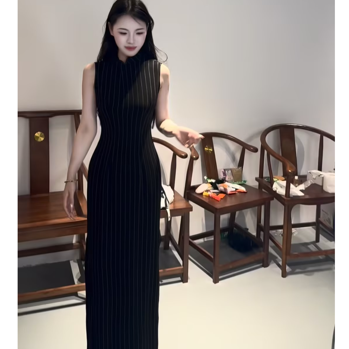 画报夫人原创温婉书香竖条纹无袖旗袍 新平川条纹