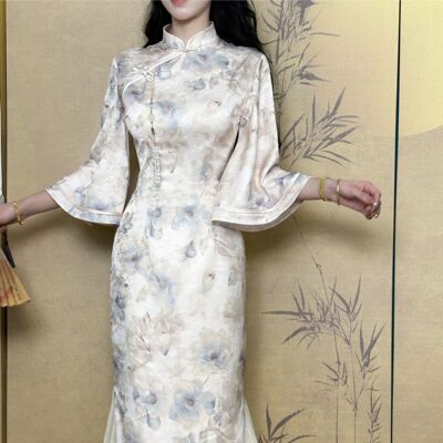 画报夫人原创自制新中式国风显瘦清冷感旗袍 倒大袖蓝茶